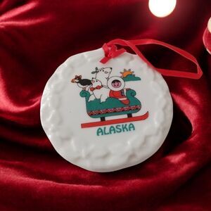 Vintage ALASKA Ceramic Ornament Christmas Eskimo Polar Bear Seal Sled Round 90s.